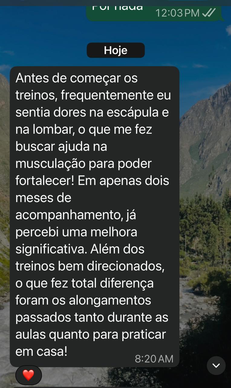 Depoimento de aluna sobre melhora significativa de dores na escápula e lombar em dois meses