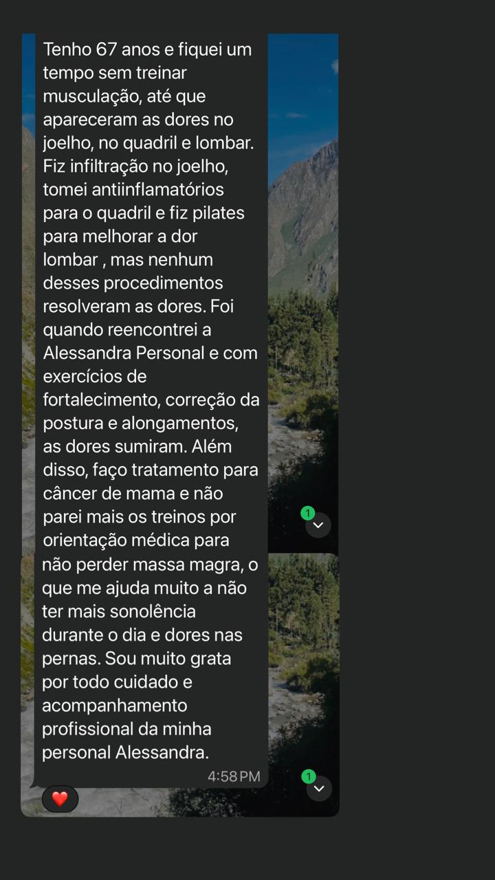 Depoimento de aluna de 67 anos sobre recuperação de dores no joelho, quadril e lombar